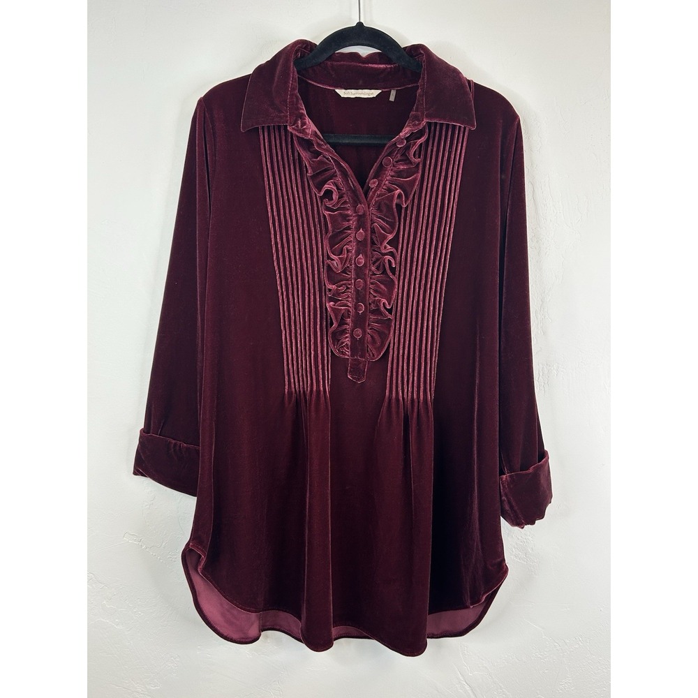 Burgundy Velvet Soft Surroundings Size L Tunic Top Ruffle Front 3/4 Sleeve Boho - Picture 2 of 10